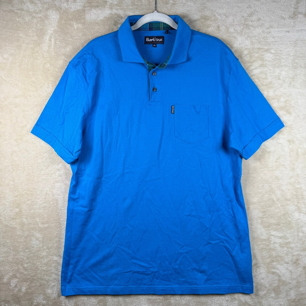 Barbour Mens XXL Blue Short Sleeve Pocket Polo Shirt Tartan‎ Trim Preppy Coastal